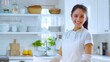 © spyrakot - Housekeeper Wearing Uniform Smiling While Cleaning a Bright and Airy Kitchen - Perfect for Home Services Ads