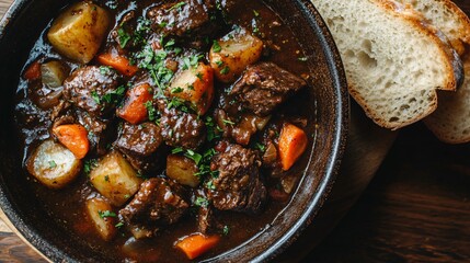 A rich, dark brown beef stew with autumn vegetables like carrots and potatoes, served in a rustic pot with a side of crusty bread