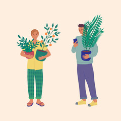 Poster - Cartoon Color Characters Man and Woman Holding Plants Set Hobby Concept Flat Design Style. . Vector illustration of Houseplant