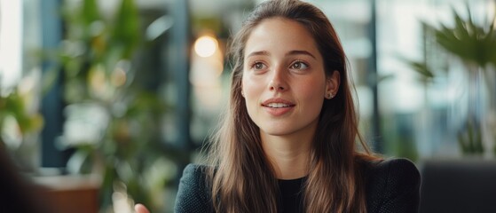 Wall Mural - Young woman with long brown hair looking up and smiling