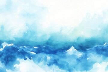 An abstract watercolor painting featuring shades of blue representing ocean waves with a tranquil atmosphere.