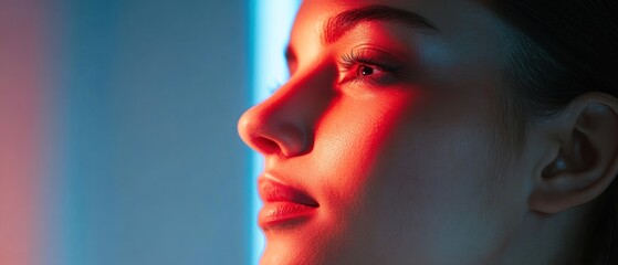 Wall Mural - Female patient undergoes red LED light or RLT therapy for skin rejuvenation at modern luxury aesthetic clinic