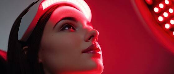 Wall Mural - Female patient undergoes red LED light or RLT therapy for skin rejuvenation at modern luxury aesthetic clinic. Young brunette woman client having non-invasive type of phototherapy