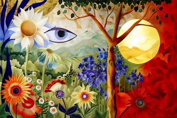 Wall Mural - Mysterious female eye and flowers on the background of mountains. Abstract illustration.