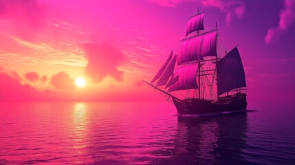 Wall Mural - illustration of a beautiful fantasy landscape of a sailing ship