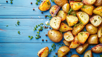 Canvas Print - Flat lay of garlic and thyme infused roasted potatoes on blue wooden surface