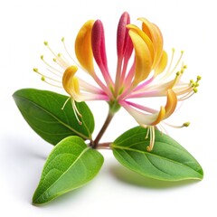 Poster - Honeysuckle flower with vibrant petals and green leaves on white background. Generative AI