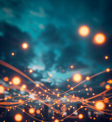 Wall Mural - Abstract digital connections with glowing orange light trails on a blurred blue background, symbolizing data flow and communication networks