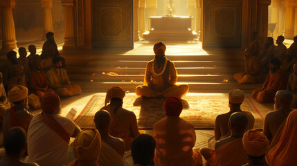 Meditation practitioners listening to the guru's speech