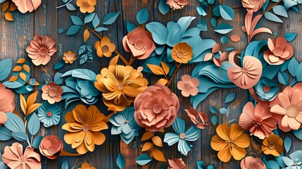 Colorful floral pattern on wooden background. Modern 3D flower design. Seamless pattern, Generative AI.