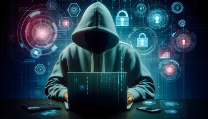 Illustration of anonymous hacker with hoodie and computer symbols in background, digital concept