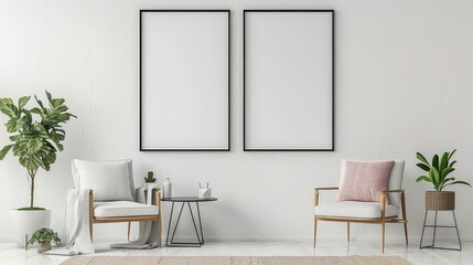 Two white chairs with throw pillows, two black framed paintings, two potted plants, a black side table with a white vase on white wood floors.