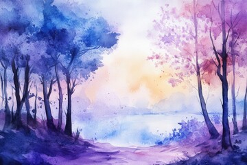 Sticker - A serene watercolor landscape of an enchanted forest with vibrant blues and purples, evoking a peaceful and mystical atmosphere.