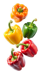 Wall Mural - Fresh bell peppers in various colors floating, transparent