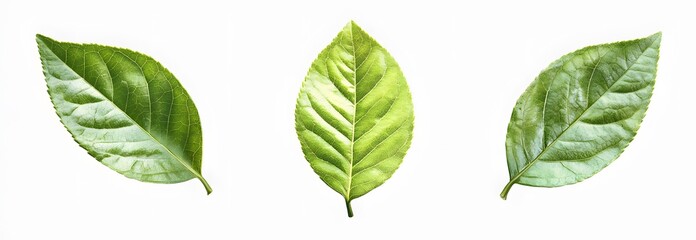 Wall Mural - three green leaves on white background.