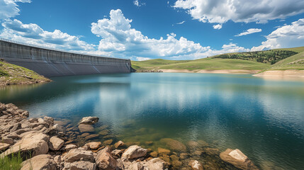 Picturesque view of a large dam with crystal clear blue water and a rocky shore, with green hills and a partly cloudy sky in the background.