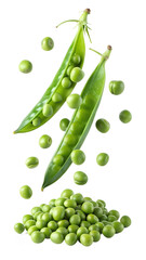 Wall Mural - Fresh green peas, pods and leaves floating, isolated PNG transparent