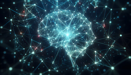 Fototapete - Neural lowpoly AI futuristic neon network of abstract connection background