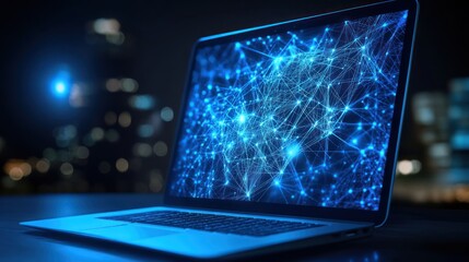 Wall Mural - Laptop Displaying Abstract Blue Network Pattern with City Lights in Background