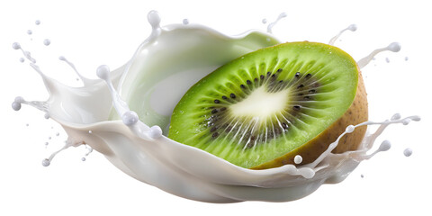 Fresh kiwi slice in milk splash, PNG isolated transparent