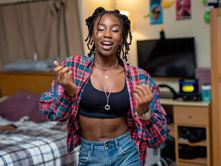 Wall Mural - A woman in a plaid shirt and jeans is dancing and smiling. She is wearing a necklace and a black tank top