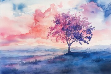 Sticker - A watercolor painting of a lone tree with vibrant pink and purple clouds and a serene landscape.