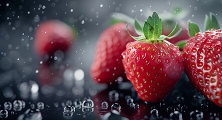 Wall Mural - Freshly Picked Strawberry With Water Droplets On Dark Background