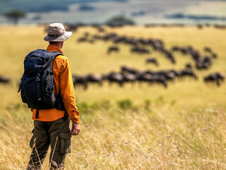 Poster - A man with a backpack is standing in a field of wildebeest. The wildebeest are scattered throughout the field, with some closer to the man and others further away. The scene is peaceful and serene