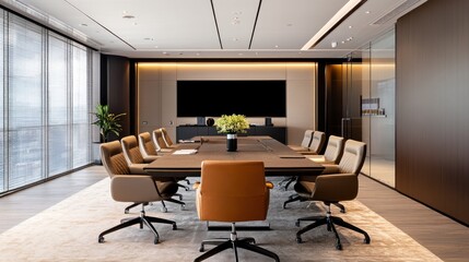 Sticker - Modern Conference Room Interior with Wooden Table and Leather Chairs