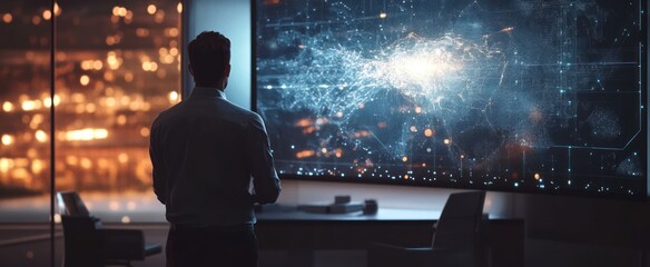 Wall Mural - A man in a dark room looking at a digital network map on a screen