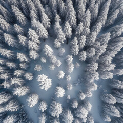 Wall Mural - Winter shot from drone in snowy forest 