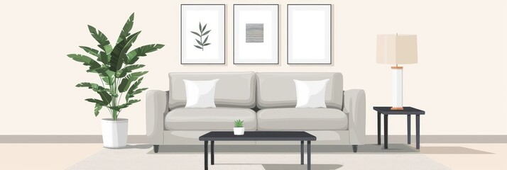 Wall Mural - Contemporary minimalist living area featuring a grey loveseat, white cushion, black coffee table, beige lampshade, and green plant, ideal for interior design or property presentation.