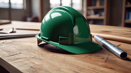 Construction safety concept and safety green helmet on wooden table with wood and window background. Generative AI