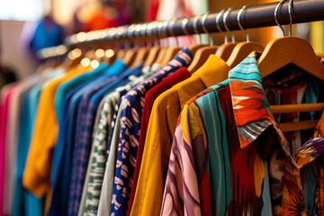 Close up of colorful vintage clothing wardrobe showcasing vibrant and bright colors