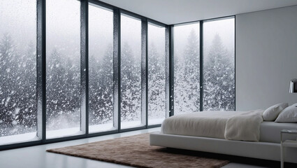 Wall Mural - Snowfall outside the window of a cozy bedroom