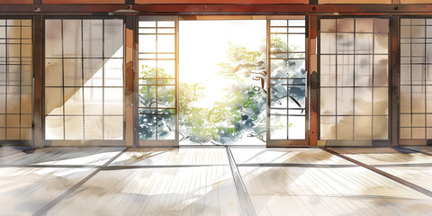 Wall Mural - Zen simplicity: A traditional Japanese room, tatami mats and paper sliding doors.