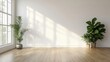 © Tcukimay - A bright, modern room with large windows, wooden floors, and potted plants. The room is empty, suggesting potential for design and decor. The light streams through the window,