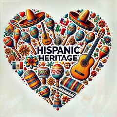 Heart-Shaped Arrangement of Hispanic Cultural Symbols with Hispanic Heritage Text