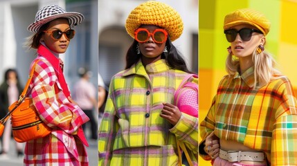 Three women in colorful plaid attire enjoy a lively fashion week atmosphere