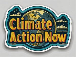 Climate action now is the message on this sticker. The sticker features a blue and green design with a planet and clouds