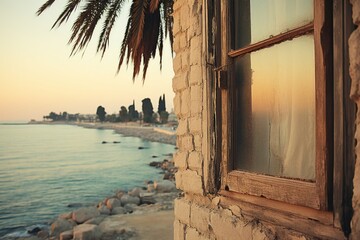 Wall Mural - Breathtaking view of the sea beach from the hotel room window, offering a picturesque ocean scene