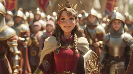 A princess guiding a group of young knights in training. animated character