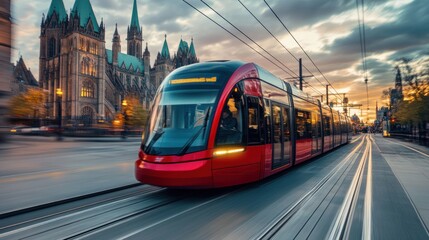 Wall Mural - Red Tram on a City Street at Sunset