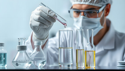 Wall Mural - Science and medicine, scientist analyzing and dropping a sample into a glassware, experiments containing chemical liquid in laboratory on glassware, DNA structure, innovative and technology isolated