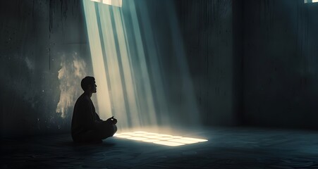 A young man praying alone in a chapel, head bowed, hands clasped, dim lighting with a single ray of light illuminating his face, solitude, personal faith, moment of reflection, banner with copyspace