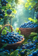 Blueberry harvest during sunny morning in a lush forest. Two baskets overflowing with ripe blueberries in a sunlit forest.