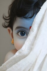 Wall Mural - Cute little baby Krishna with blue skin on light background. Birthday of Krishna, eighth avatar of Vishnu. Shree Krishna Janmashtami or Gokulashtami. Indian religious festival