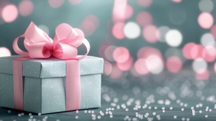 Wall Mural - Elegant Gift Box With Pink Ribbon Against Soft Bokeh Background in Celebratory Atmosphere