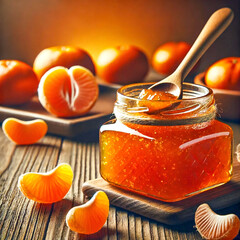 Poster - A glass jar filled with amber mandarin jam sits on a wooden table.