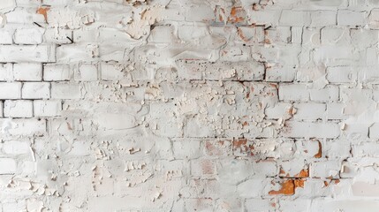 A textured wall with peeling white paint and exposed bricks, showcasing wear and age.